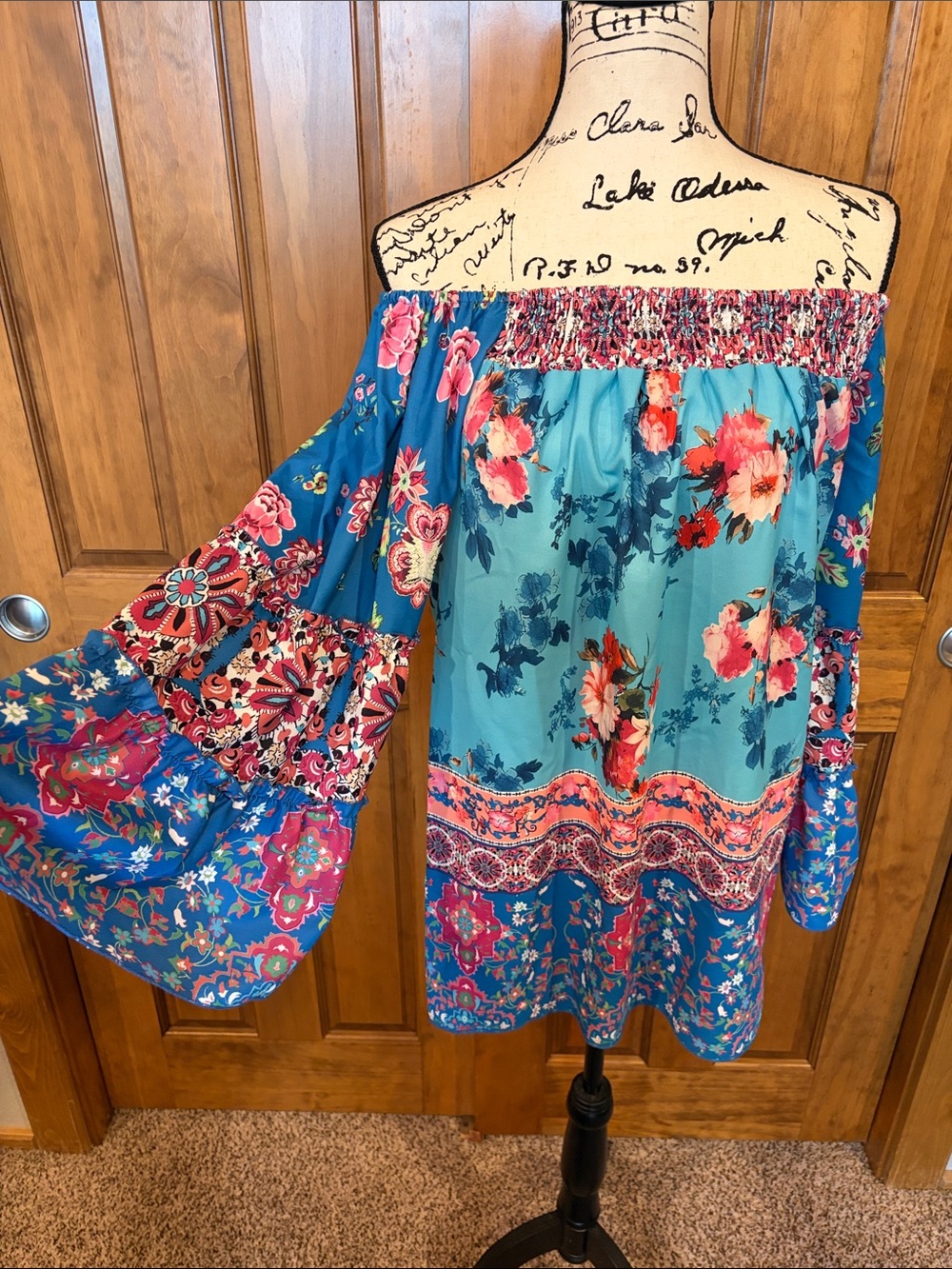 Off-Shoulder Floral Boho Top in Turquoise and Pink